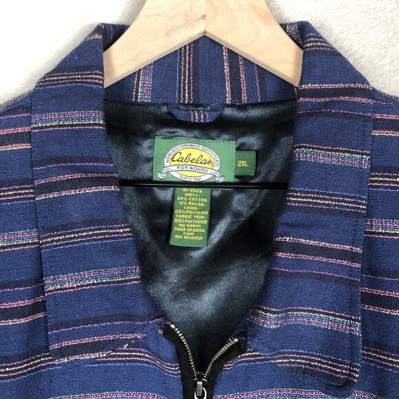 VTG CABELA'S Jacket Women's 2XL XXL Blue Stripe Woven Zip Pockets Lined Cotton - Picture 3 of 15
